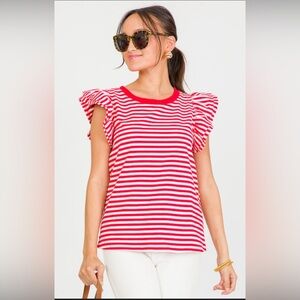 Cute flutter sleeve red and white stripe top